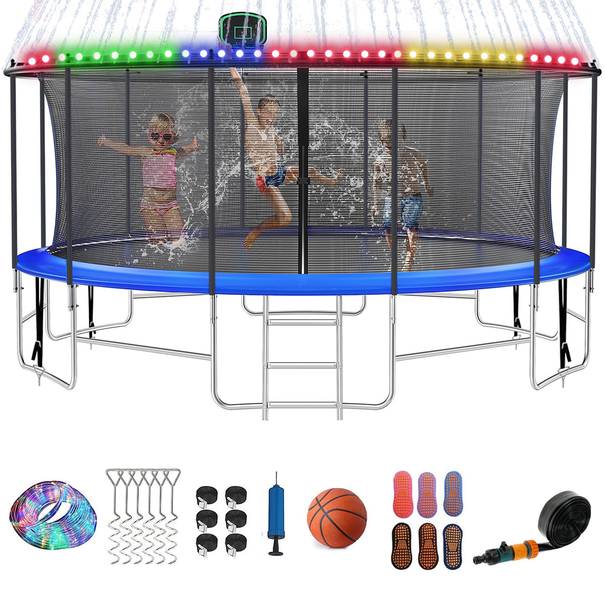 16FT Round Trampolines For Outdoor With Net Hoop Lights Sprinkler 